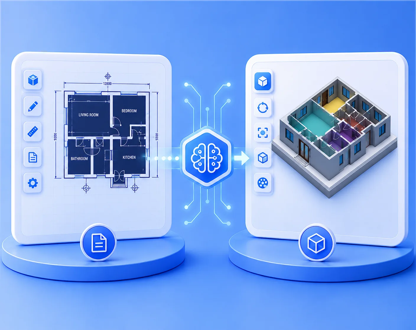 AI workflow converting a technical drawing into a 3D model
